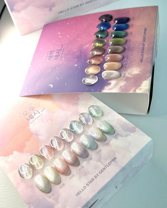 Color swatches and paint samples with a gradient effect on a light blue background.