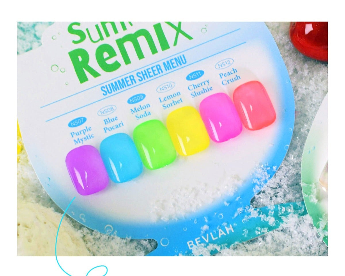 Colorful nail polish samples on a 'Summer Remix' menu with BEVLAH branding.