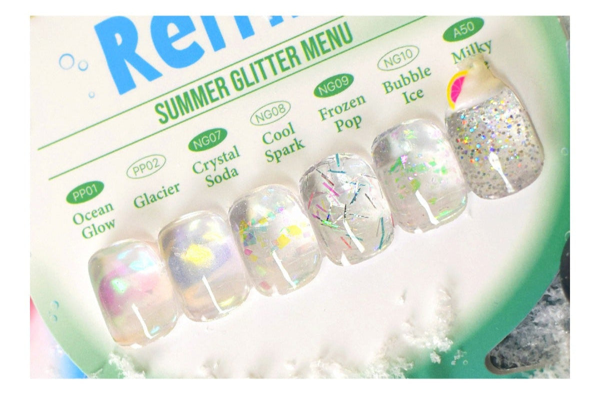 Nail art display with glittery designs and a 'Summer Glitter Menu' box.