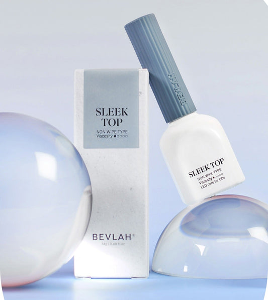 BEVLAH Sleek Top nail polish set with a blue and white color scheme.