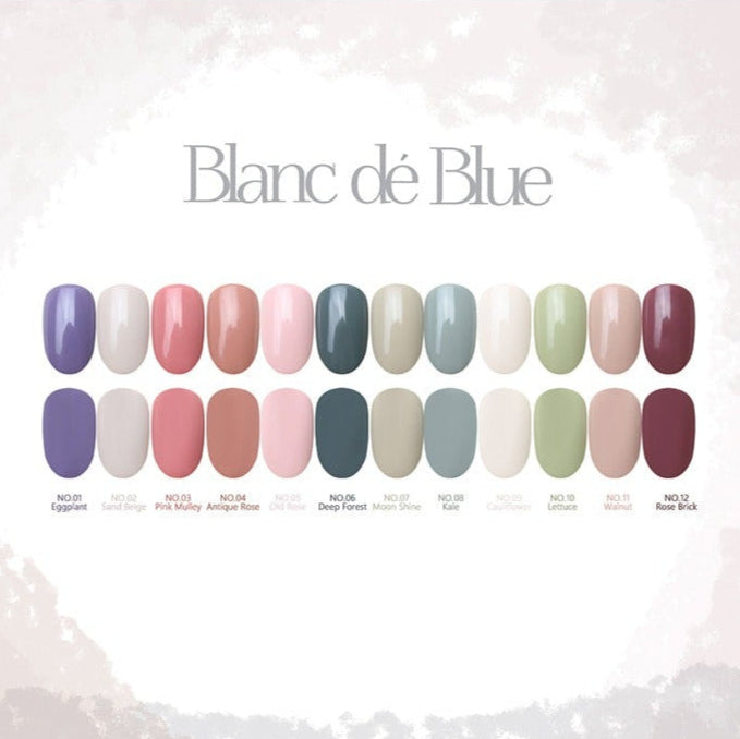 Collection of nail polish colors by Blanc de Blue on a light background