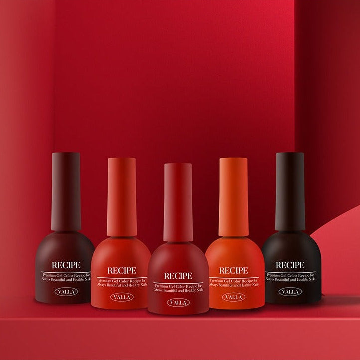 Five nail polish bottles with 'RECIPE' branding on a red background