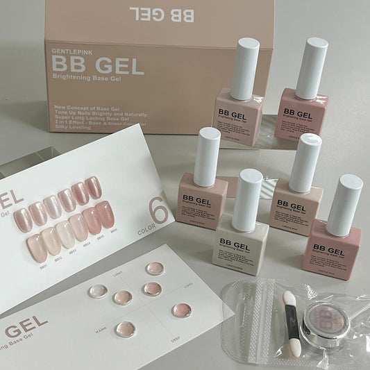 BB Gel product set with packaging, color swatches, and application tools on a neutral background