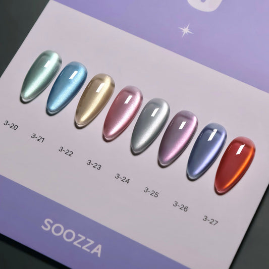 Set of metallic nail art samples on a Soozza branded card.